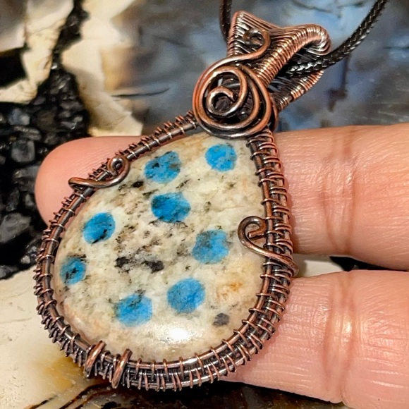 Copper Wire-Wrapped K2 Azurite Jasper Pendant 2 1/4” - Picture 5 of 14
